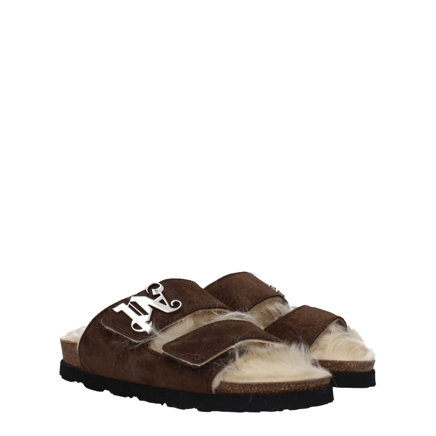 Palm Angels Brown Leather Slippers with suede material, front logo, and strap closure, featuring an open toe and flat rubber sole.