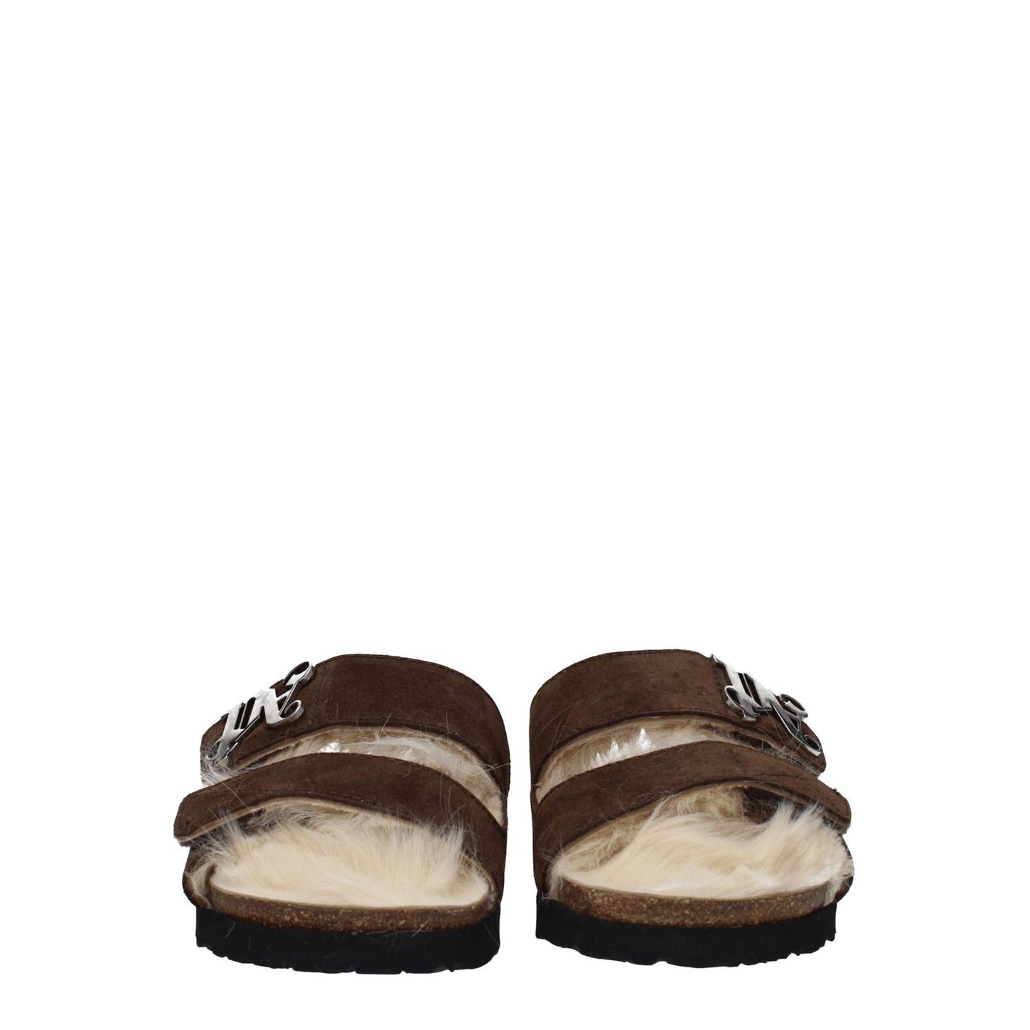 Palm Angels Brown Leather Slippers with suede finish, front logo, strap closure, open toe design, and rubber sole, MPN PWIH021LEA0016061.
