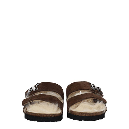 Palm Angels Brown Leather Slippers with suede finish, front logo, strap closure, open toe design, and rubber sole, MPN PWIH021LEA0016061.