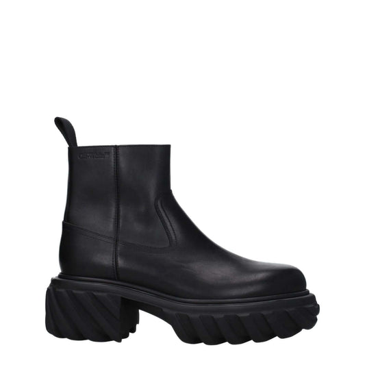 Off-White Black Leather Ankle Boots with side logo and zip closure, featuring a rubber sole and 6 cm mid heels, casual style.