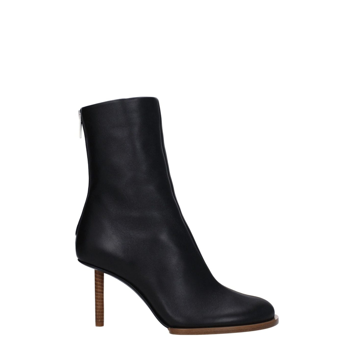Jacquemus Black Leather Ankle Boots with zip closure, high heel, and square toe, style code F79089, side view