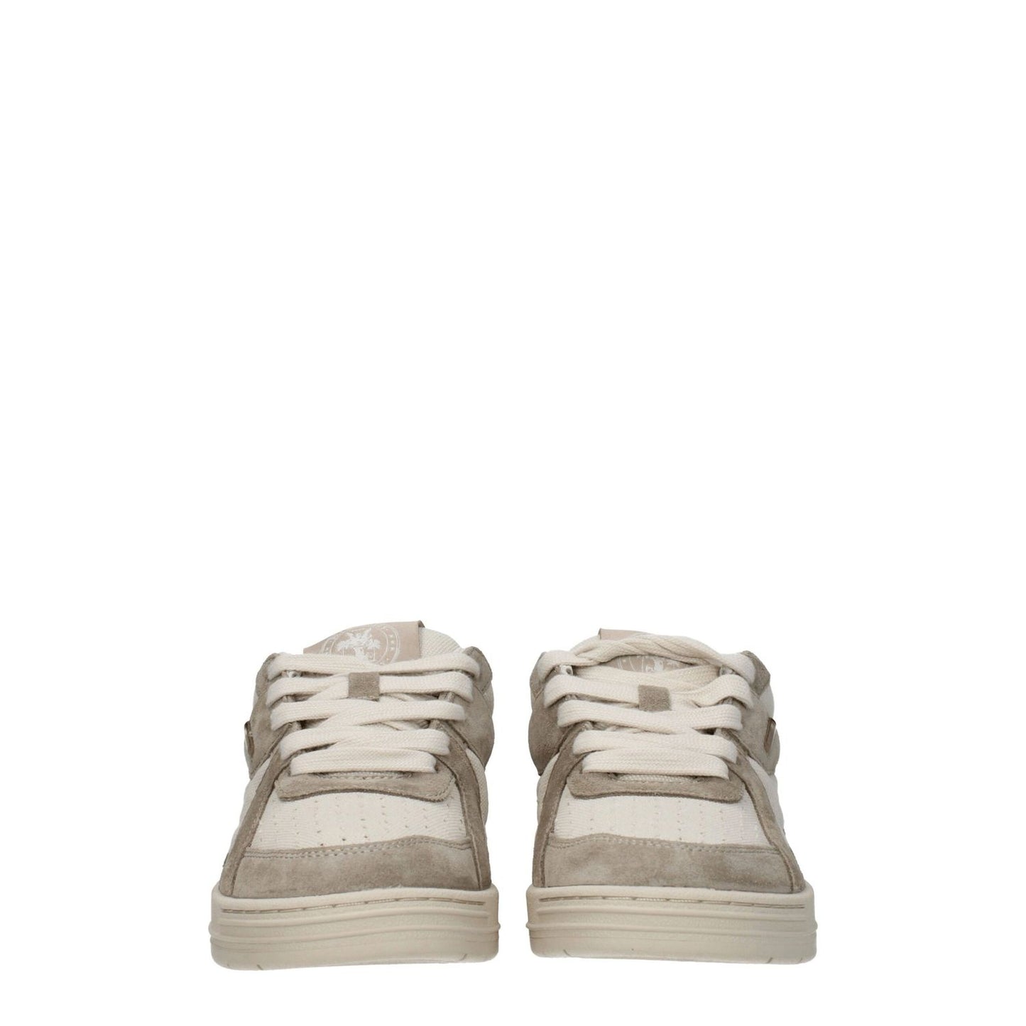 Palm Angels Beige Fabric Low Top Sneakers with suede material, rubber sole, and lace-up closure, featuring front, side, and back logos.