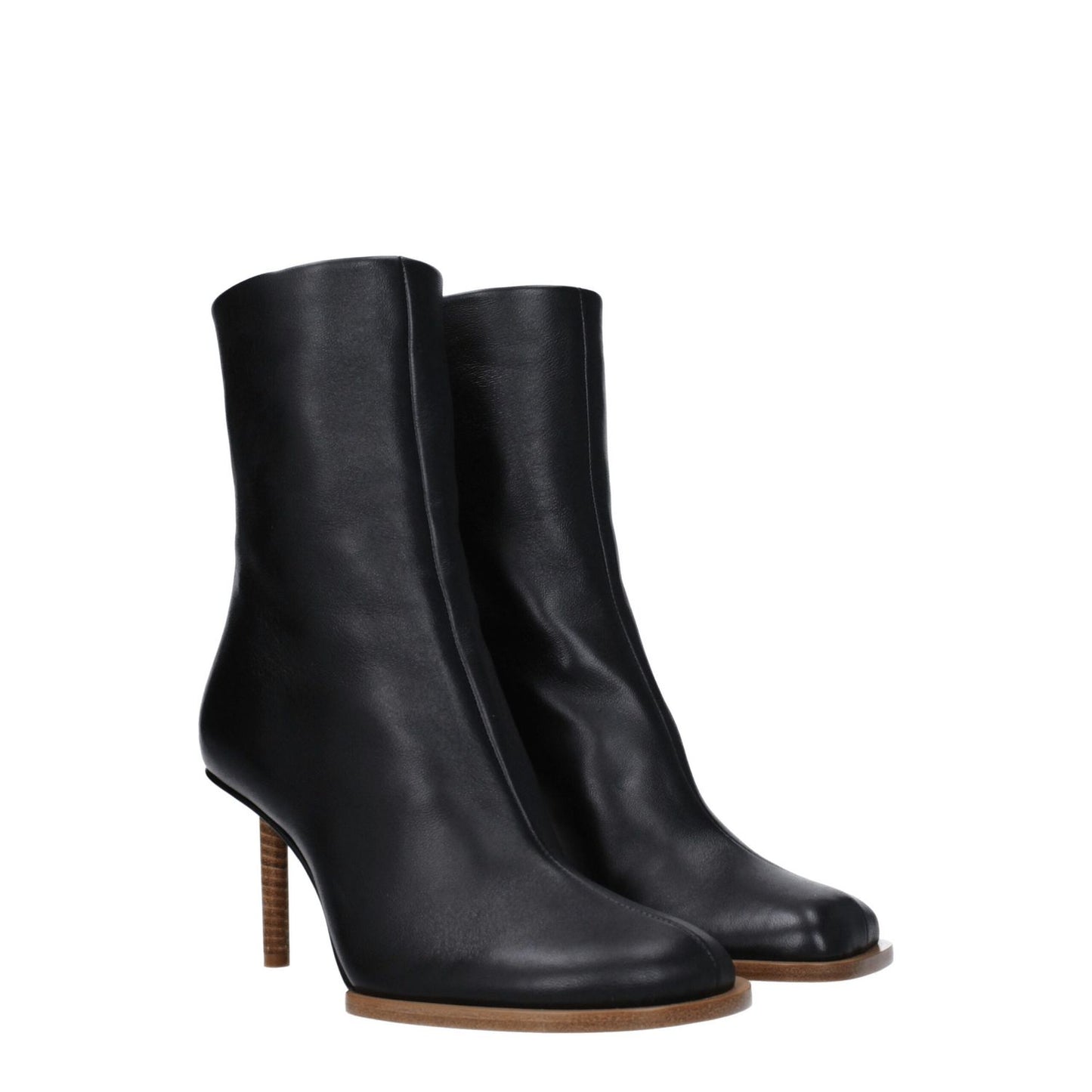 Jacquemus Black Leather Ankle Boots with high heel and square toe, featuring zip closure and leather sole.