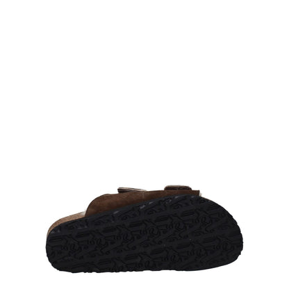 Palm Angels Brown Leather Slippers with black rubber sole, suede material, and open toe design, showing side view and strap closure.