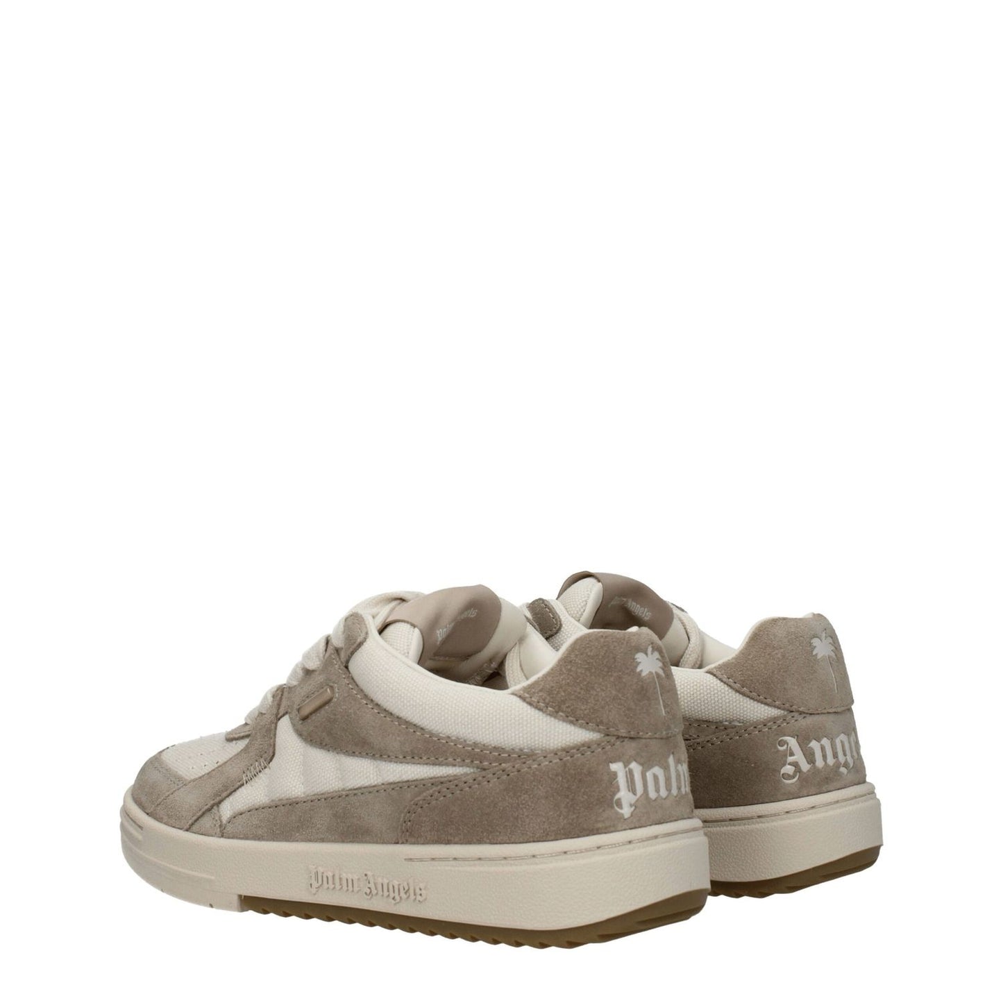 Palm Angels Beige Fabric Low Top Sneakers with logos, suede material, round toe, and rubber sole.