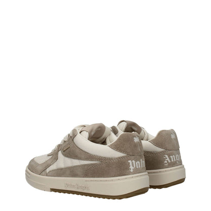 Palm Angels Beige Fabric Low Top Sneakers with logos, suede material, round toe, and rubber sole.
