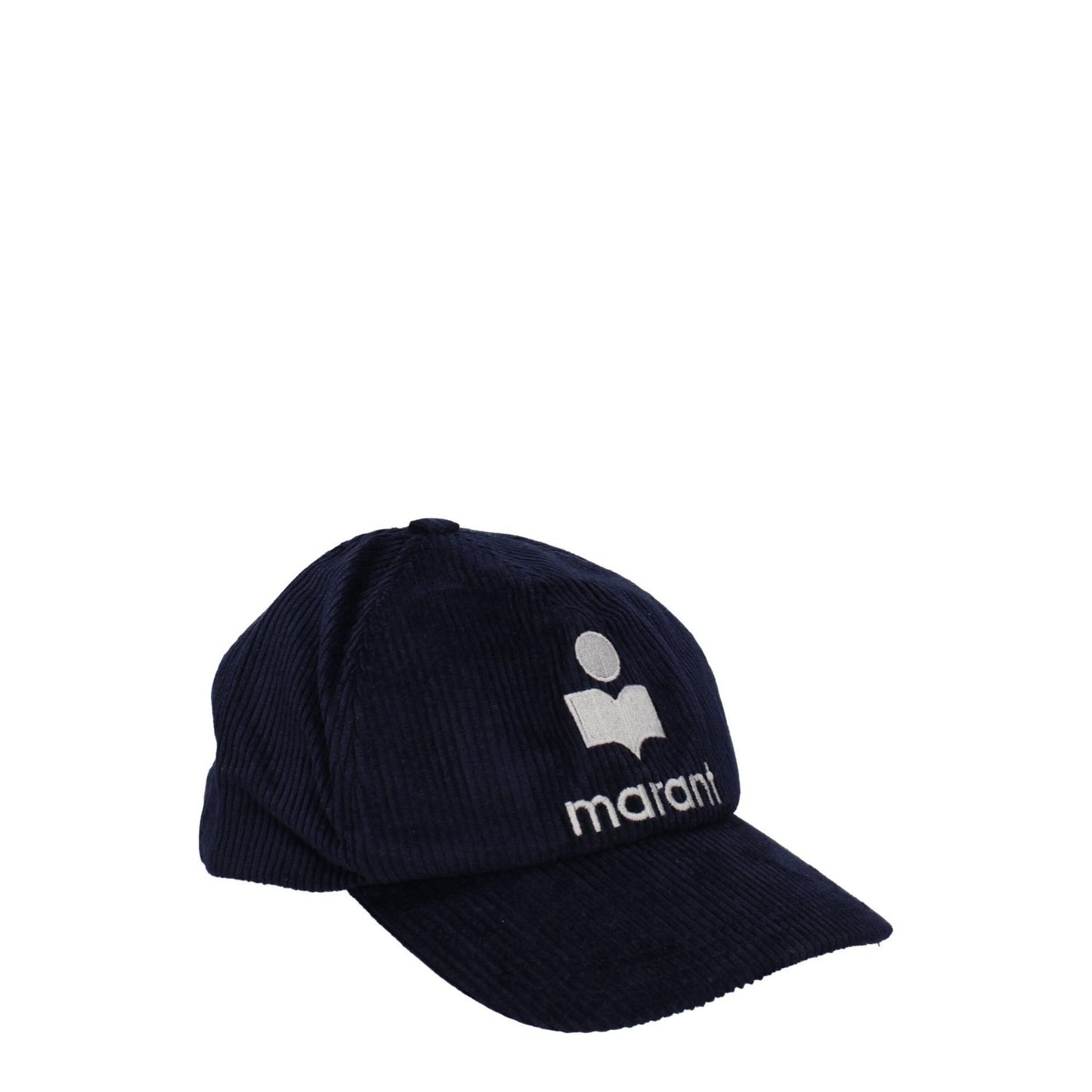 Isabel Marant Blue Cotton Cap (Baseball Hat) with front logo, strap closure, made of 74% cotton and 28% linen, in midnight blue.