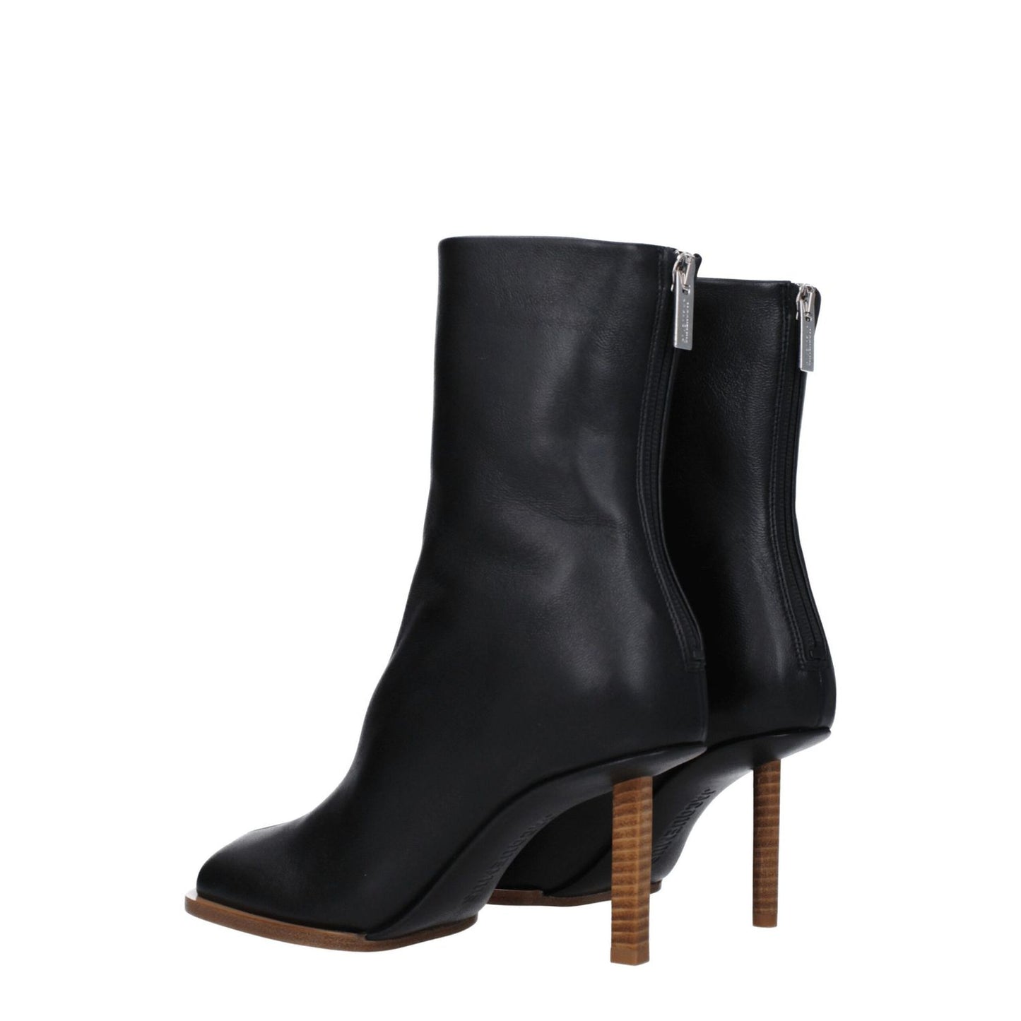 Jacquemus Black Leather Ankle Boots with high heel, zip closure, square toe, leather sole, and 8 cm heel height.