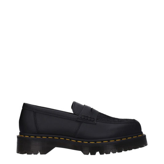 Dr. Martens Black Leather Slip-On Loafers, casual style, square toe, rubber sole, mid heels, side view