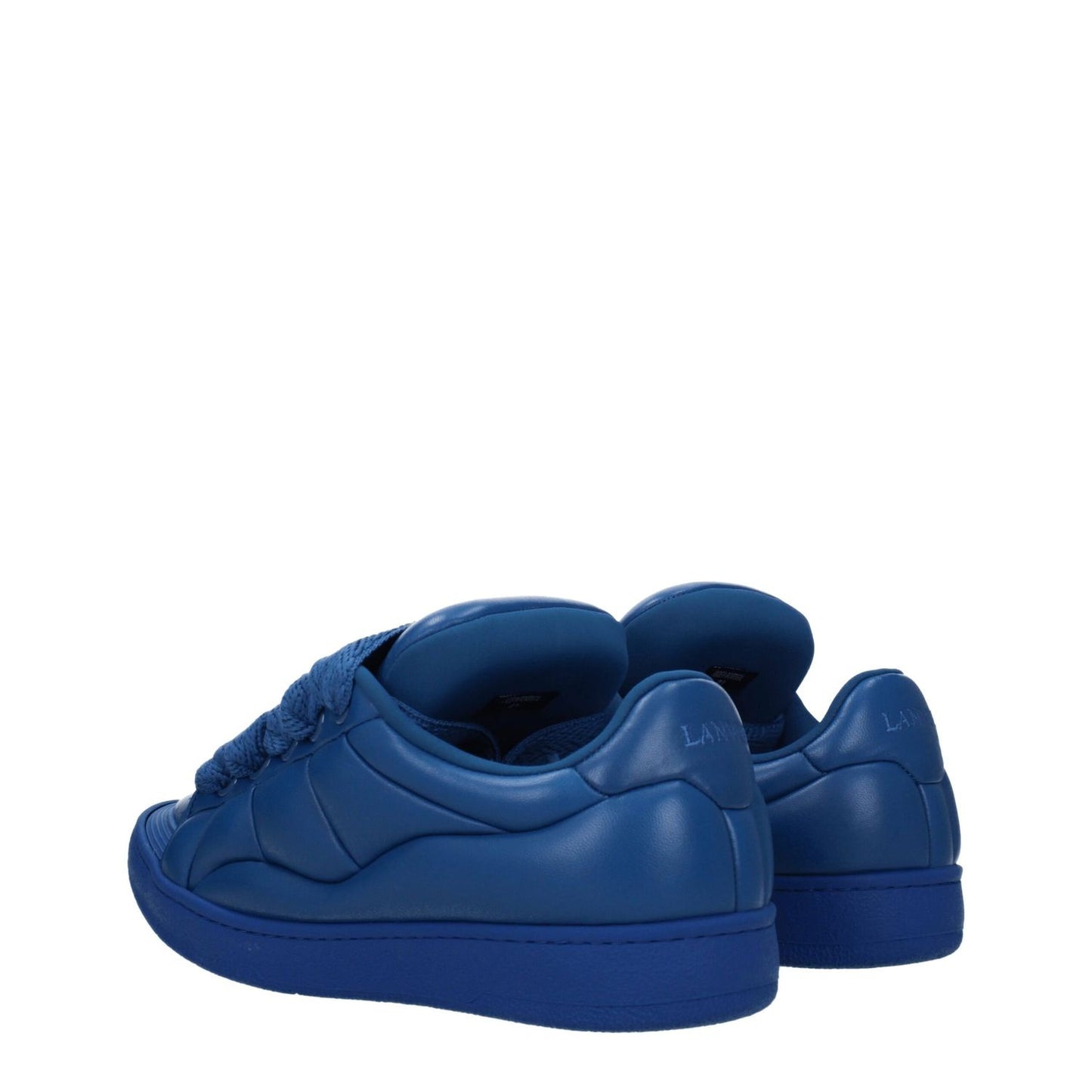 Lanvin Blue Leather Low Top Sneakers showing back view with logo detailing, lace-up closure, and rubber sole.