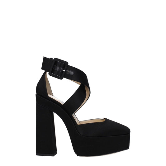 Jimmy Choo Black Satin Platform Sandals with buckle closure, high heel, and square toe for stylish casual wear.