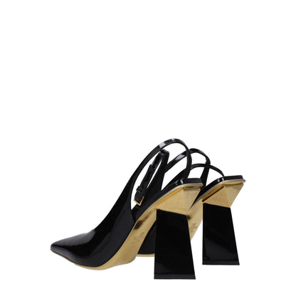 Valentino Garavani Black Leather Sandals, high heel, patent leather, buckle closure, pointy toe, side view, casual style.