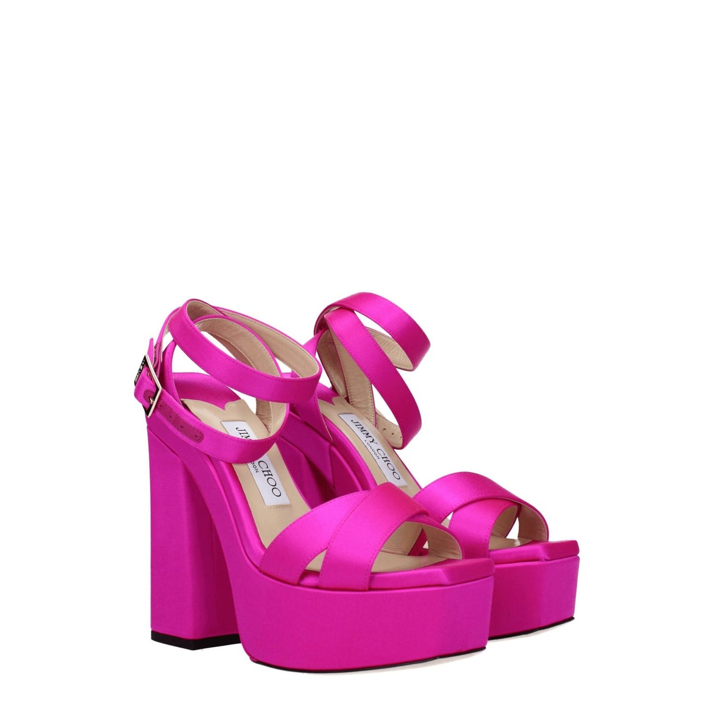Jimmy Choo Pink Satin Platform Sandals with gold buckle and high heels, open toe design, leather sole, casual style, MPN GAIA140SATFUCHSIA.