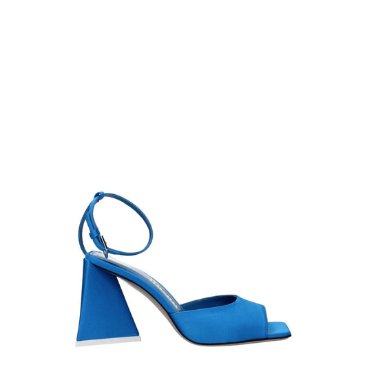 The Attico Blue Satin Stiletto Heel Sandals with open toe and buckle closure, featuring an 8.5 cm mid heel and leather sole.