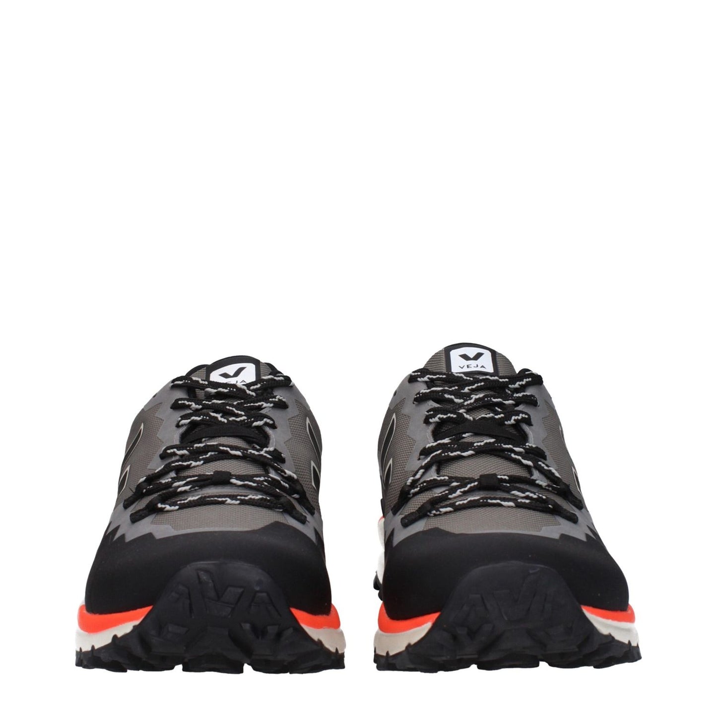 Front view of Veja Gray Fabric Athletic Sneakers with lace-up closure and rubber sole, featuring a side logo and round toe.