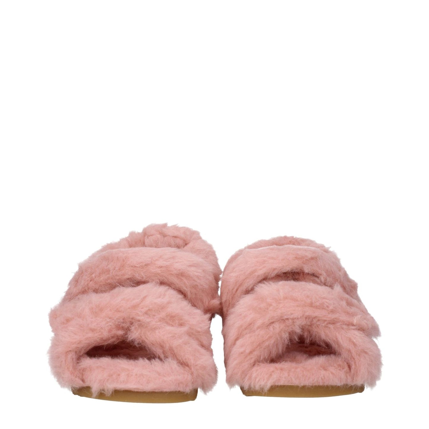 Max Mara Pink Fur Flat Sandals with eco fur and open toe design, featuring side logo and rubber sole, perfect for casual wear.