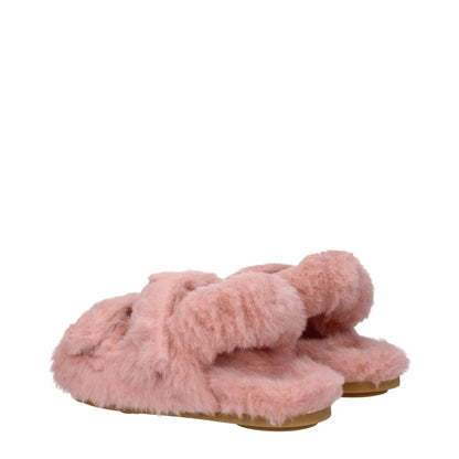 Max Mara Pink Fur Flat Sandals with eco fur and strap closure, featuring an open toe and rubber sole, casual style.