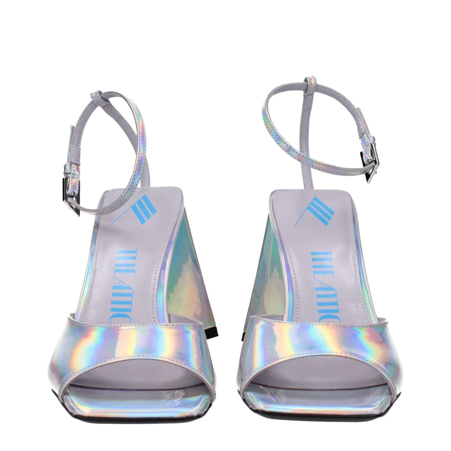 The Attico Gray Leather Platform Sandals with buckle closure, open toe, high heel, and rubber sole, made of silver eco leather.