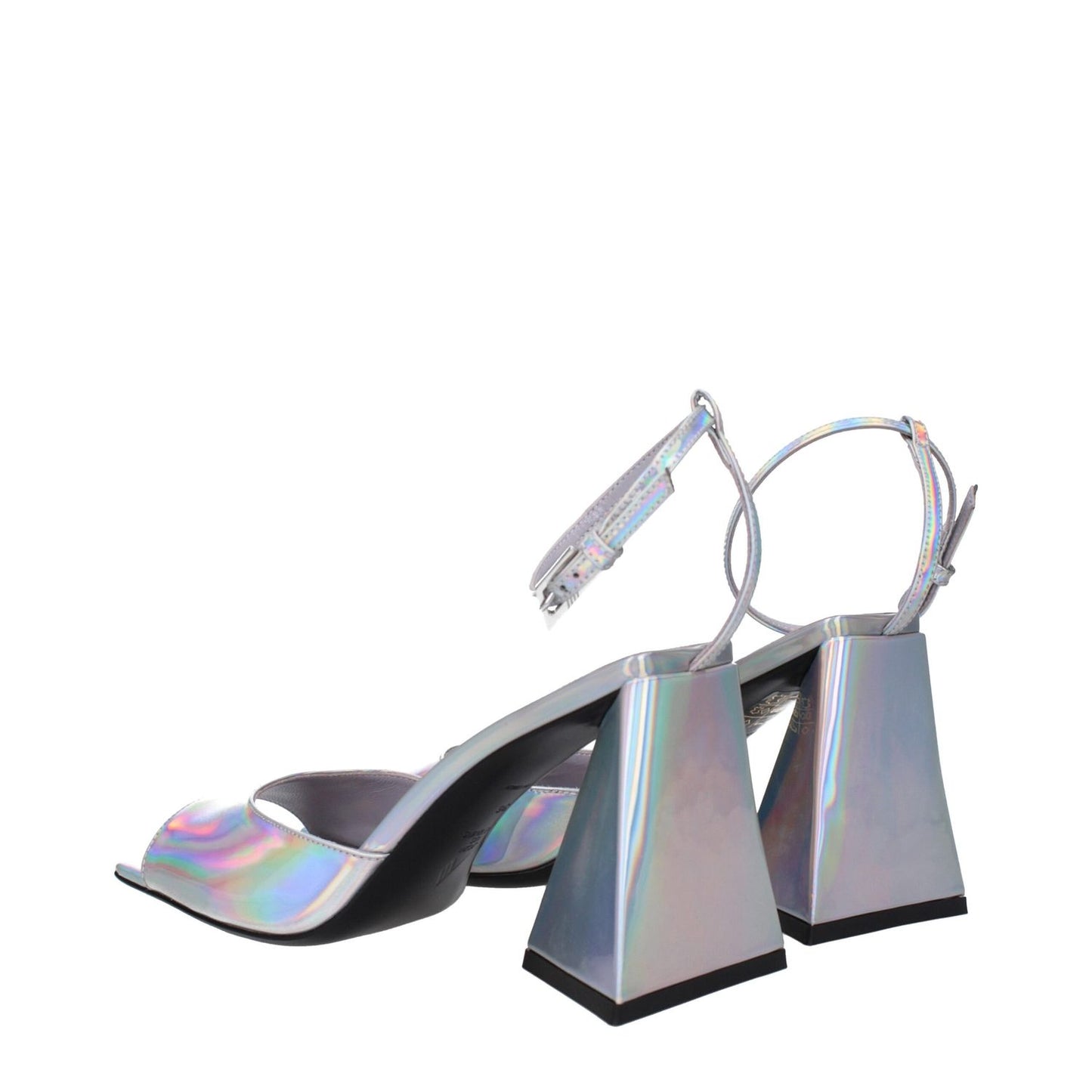 The Attico Gray Leather Platform Sandals with silver eco leather, buckle closure, and 8.5 cm high heel. Open toe stylish design.