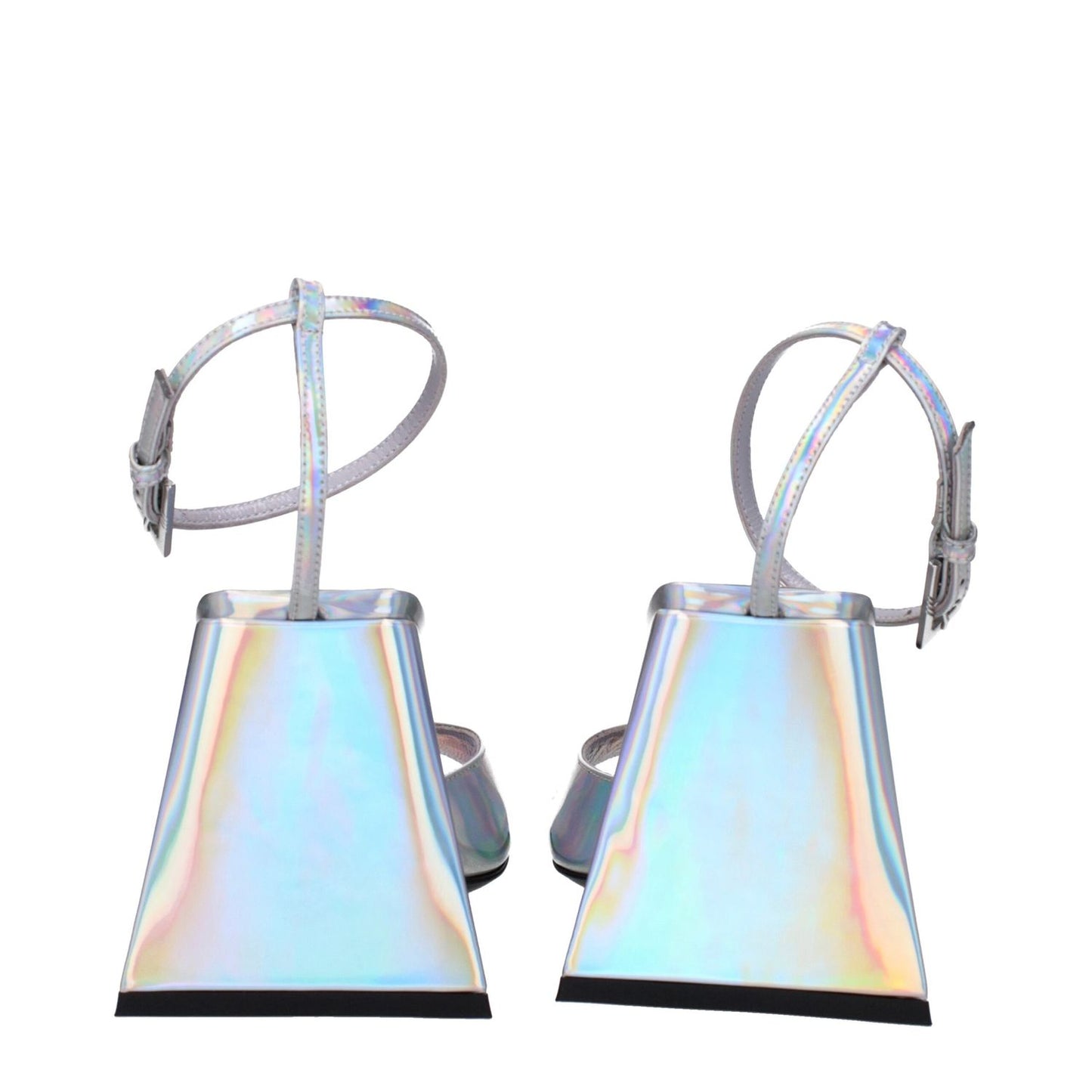 The Attico Gray Leather Platform Sandals with a silver eco leather finish and high heel, view from the back showing buckle closure.