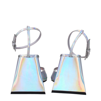 The Attico Gray Leather Platform Sandals with a silver eco leather finish and high heel, view from the back showing buckle closure.