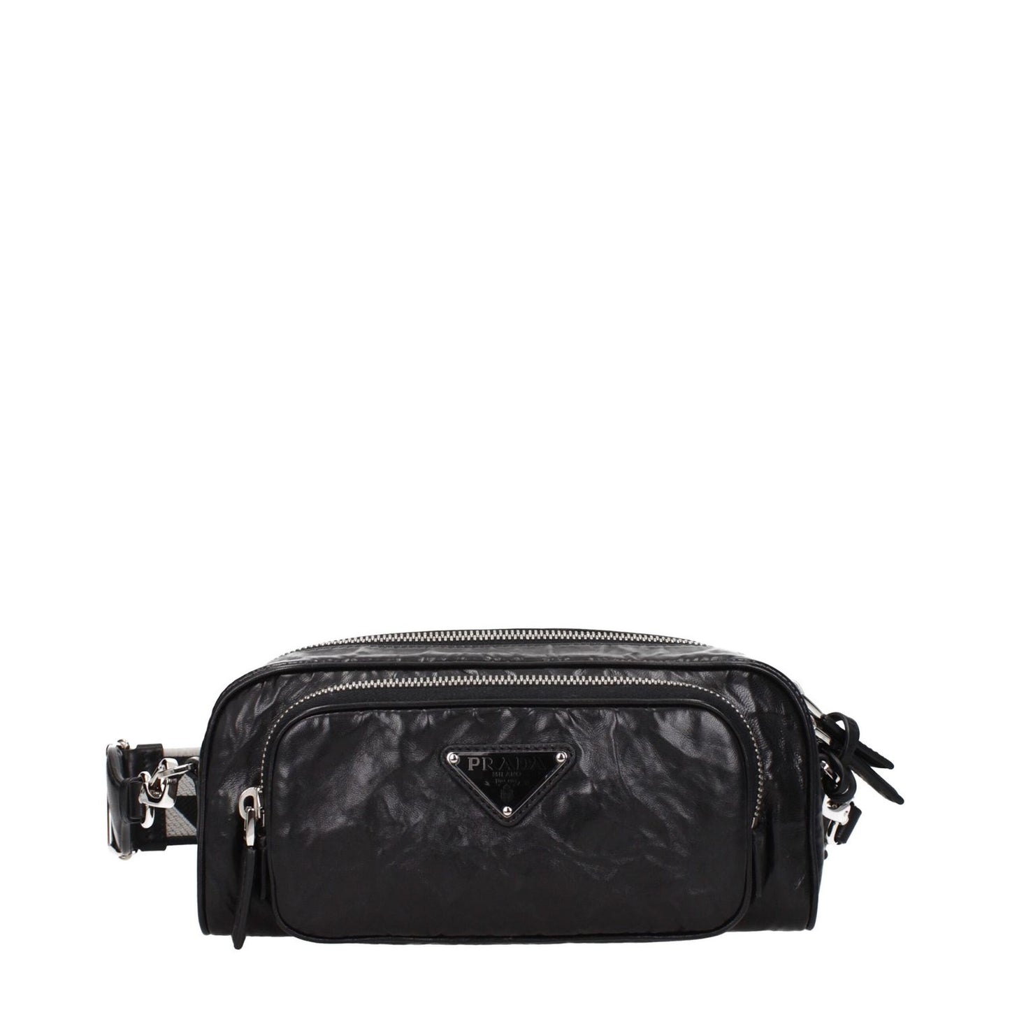Prada Black Leather Crossbody Bag with silver details, adjustable and removable strap, zip closure, small size, 1 external and internal pocket.
