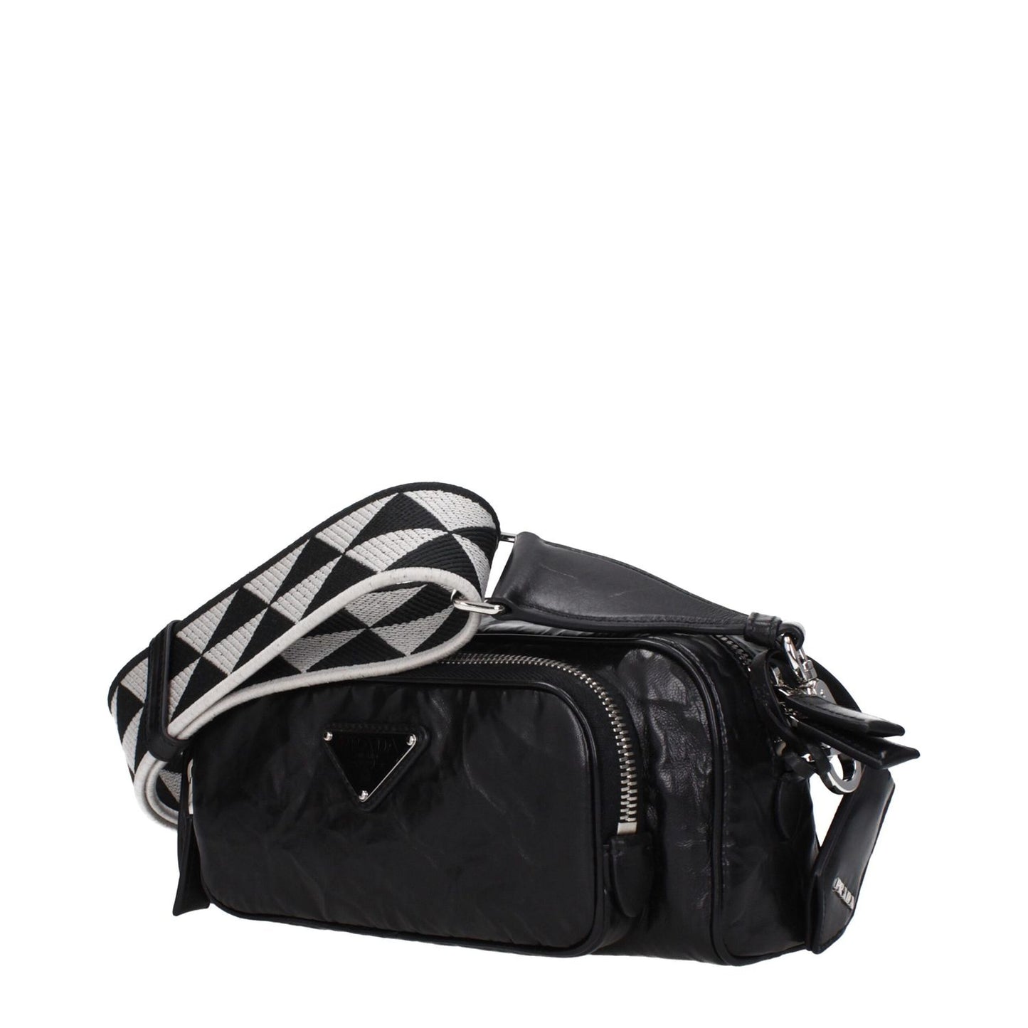 Prada Black Leather Crossbody Bag with silver details, adjustable strap, front logo, zip closure, 23cm width, small size, MPN 1BH198UVL4OOF0002