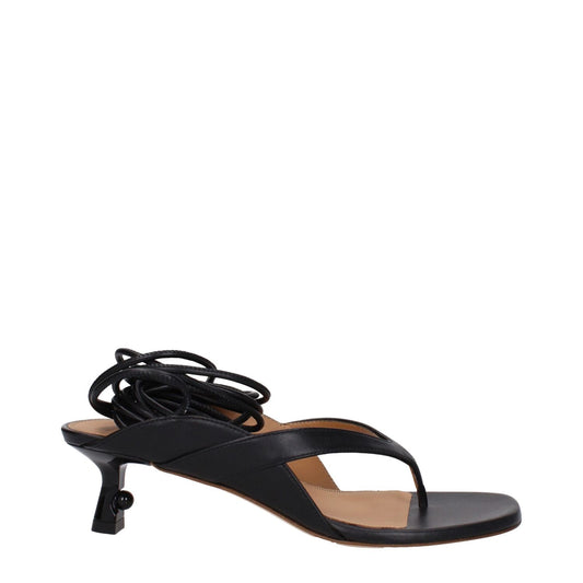 Off-White Black Leather Flip-Flop Sandals with self tie closure and open toe design, featuring mid heels and leather sole.