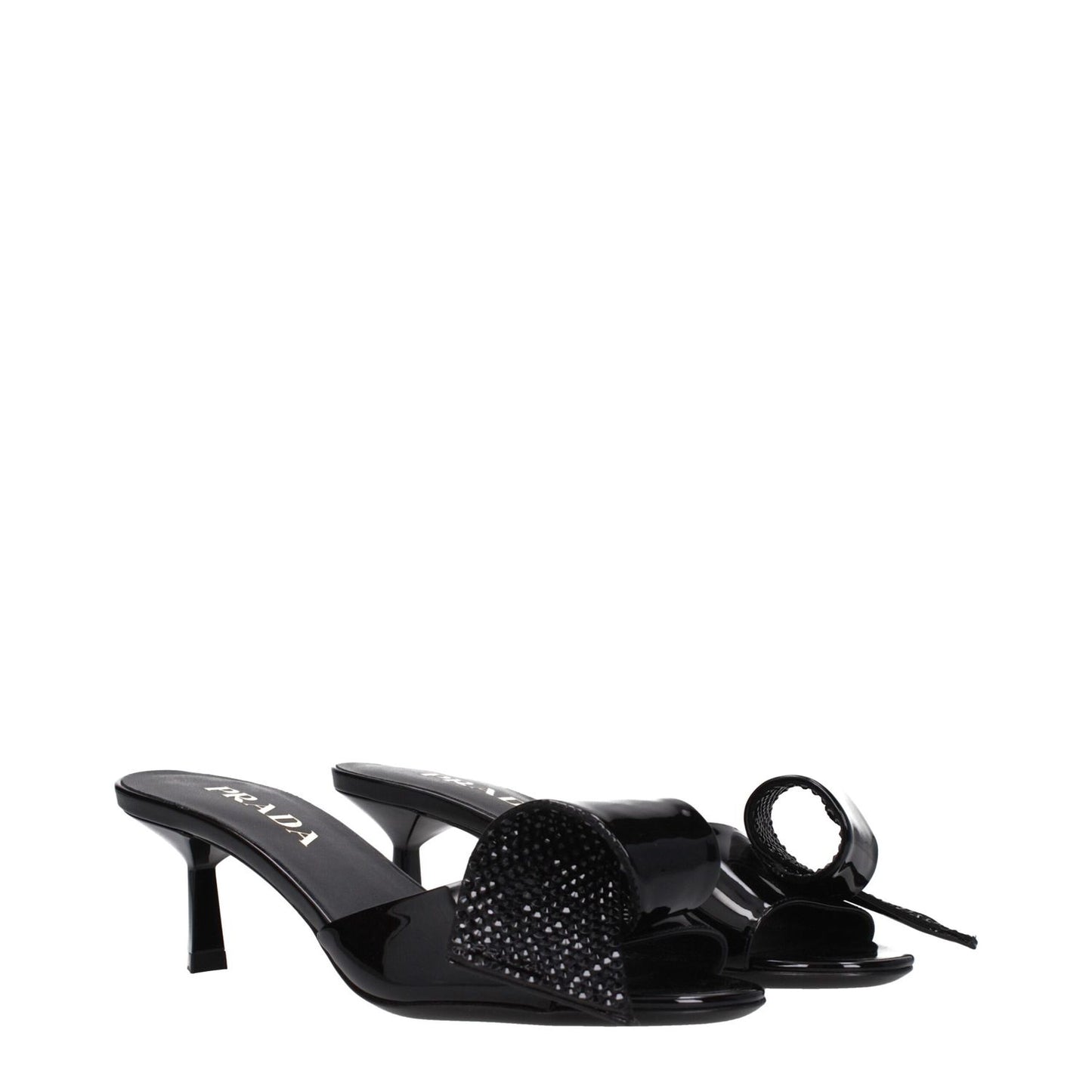 Prada Black Leather Sandals with mid heels, open toe design, and front detail. Perfect for casual wear, made of patent leather.