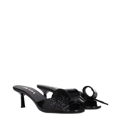 Prada Black Leather Sandals with mid heels, open toe design, and front detail. Perfect for casual wear, made of patent leather.