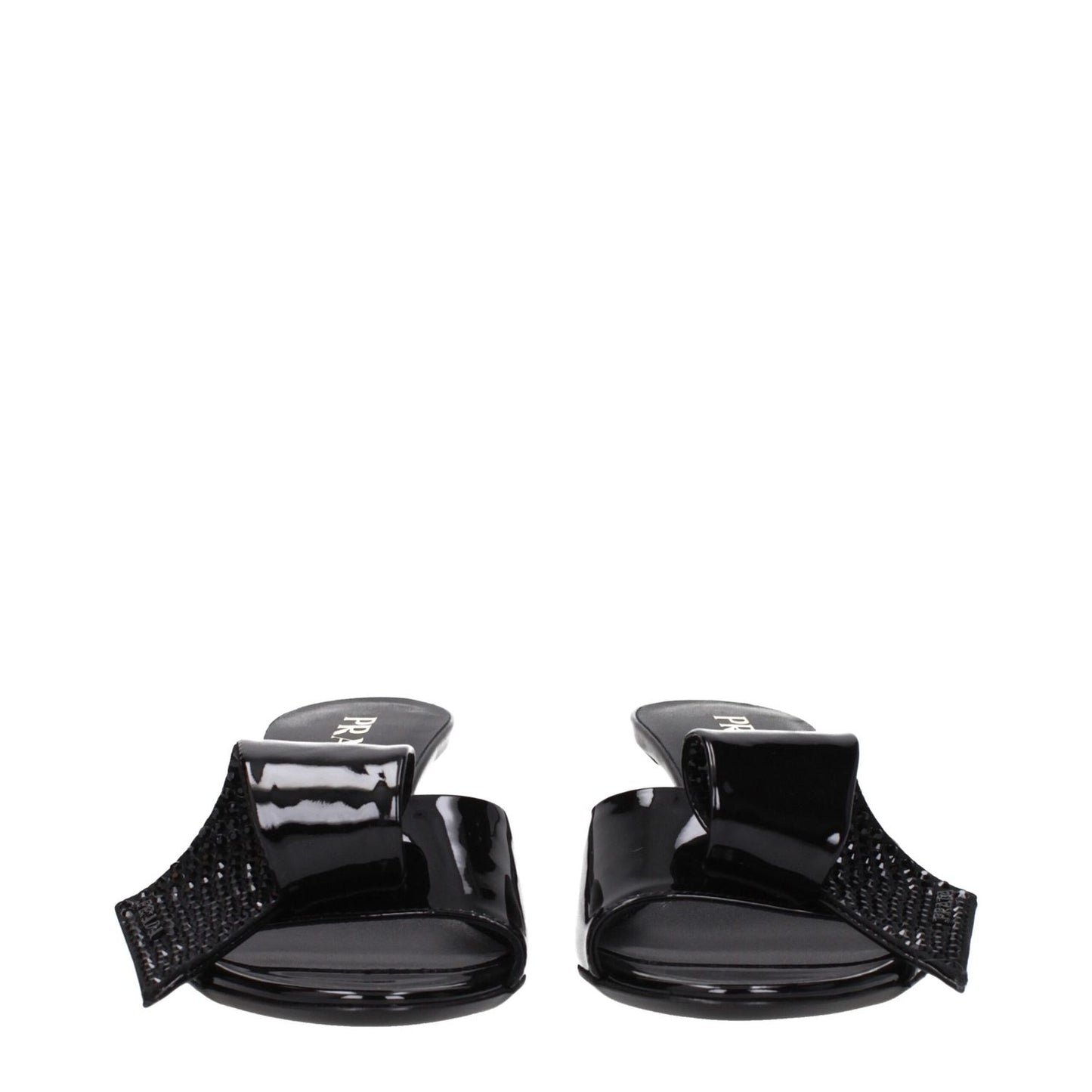 Prada Black Leather Sandals with patent leather, open toe, mid heels, and front detail. Casual style, leather sole, 5.5 cm heel height.