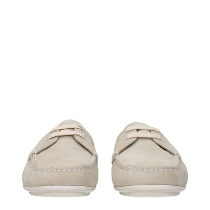 Prada Gray Leather Slip-On Loafers with side logo, casual style, lace-up closure, round toe design, and low flat heel, front view.