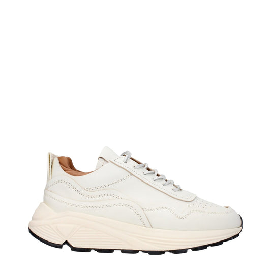 Buttero White Leather Low Top Sneakers with lace-up closure and rubber sole, featuring front and back logos in varying colors.
