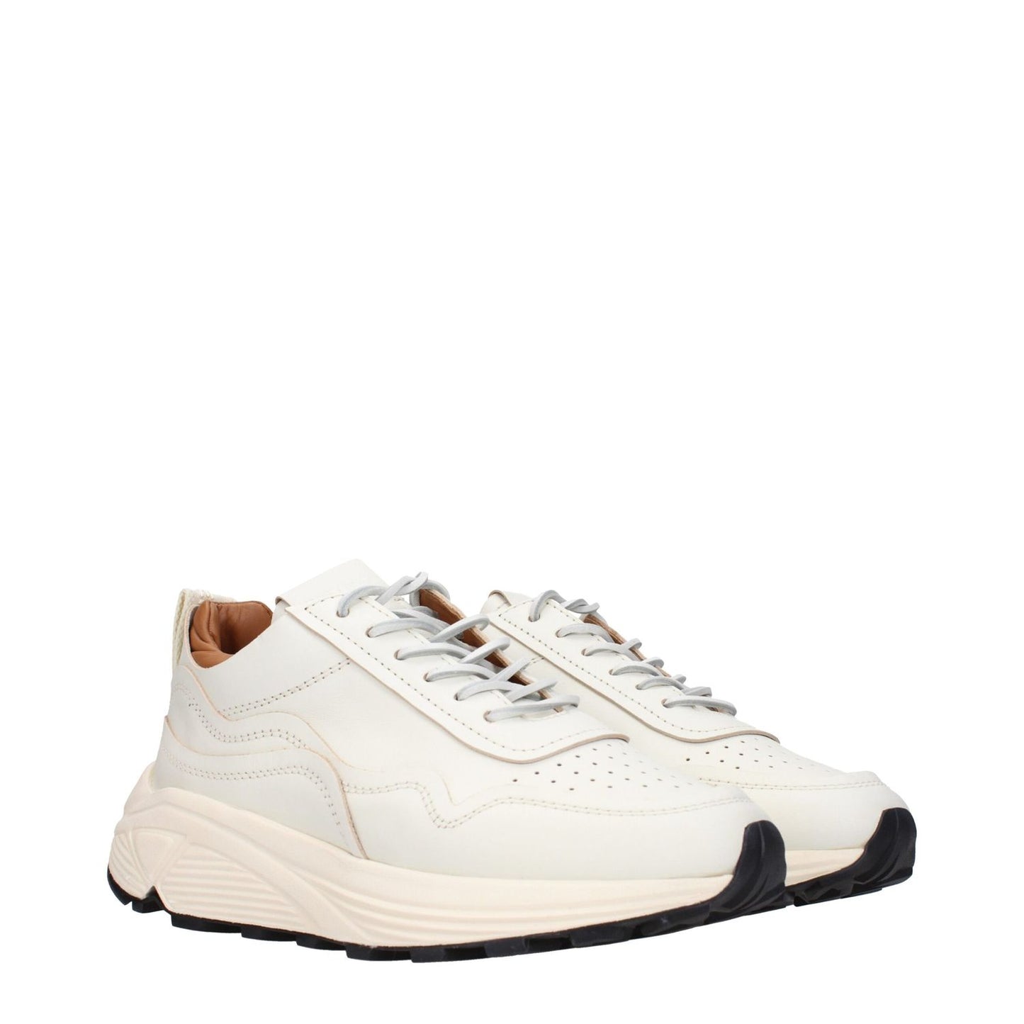 Buttero White Leather Low Top Sneakers with lace-up closure, rubber sole, mid heels, and round toe design, featuring front and back logos.
