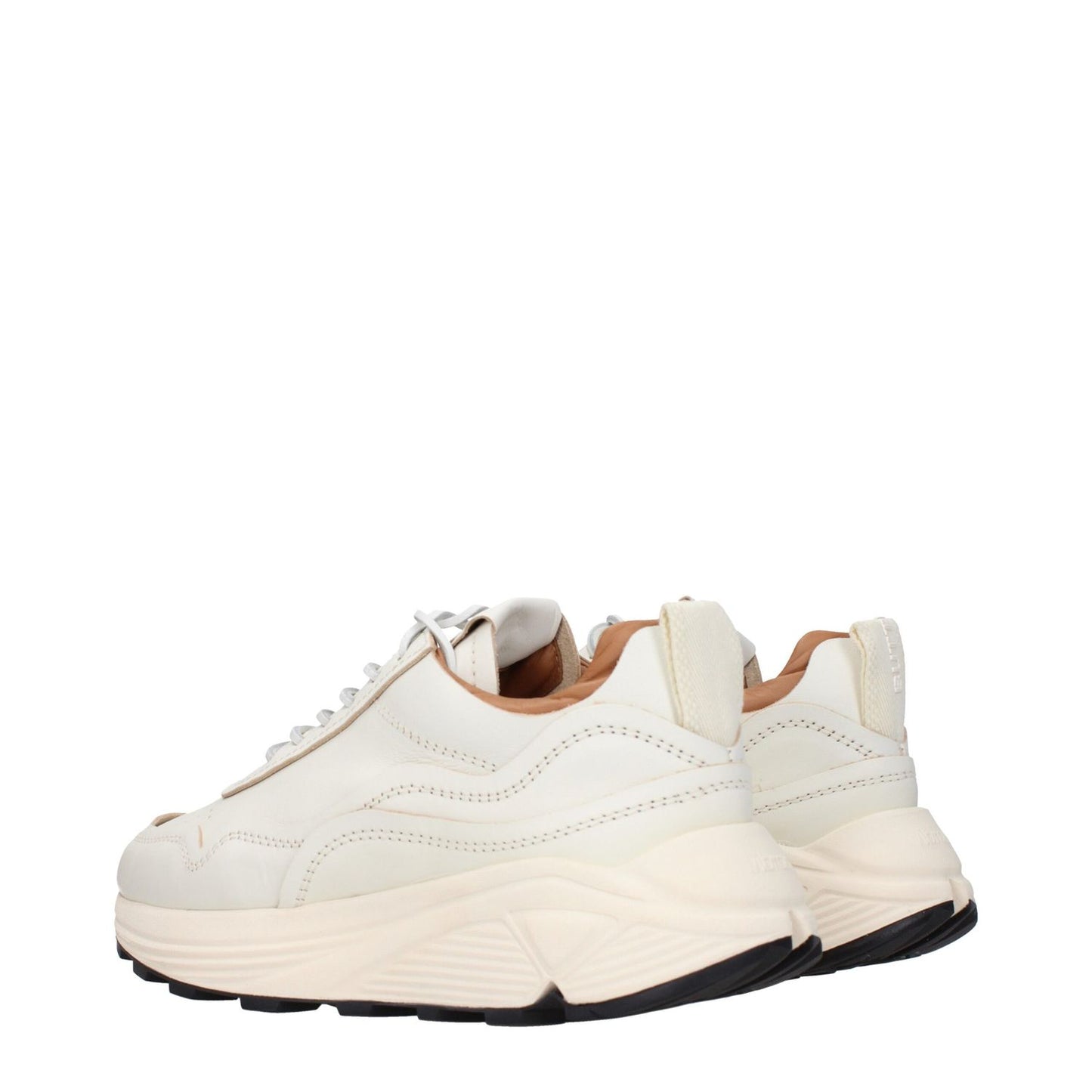 Buttero White Leather Low Top Sneakers with mid heels, rubber sole, and round toe design, featuring front and back logos and lace-up closure.