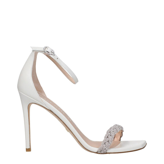 Stuart Weitzman White Leather Stiletto Heel Sandals with rhinestone strap, open toe, buckle closure.