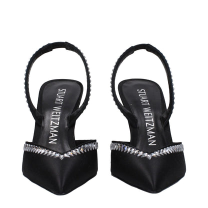 Stuart Weitzman Black Satin Stiletto Heel Sandals with rhinestone detail, pointy toe, and high heel