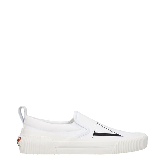 Valentino Garavani White Fabric Slip-On Loafers with front and back logo, round toe, rubber sole, low flat heel, casual style.