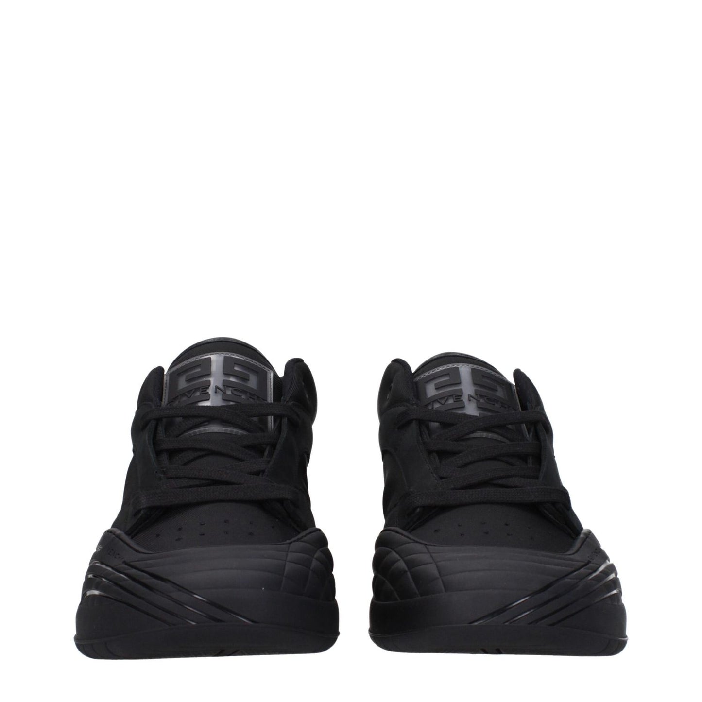 Front view of Givenchy Black Fabric Low Top Sneakers with logos and lace-up closure, featuring round toe and rubber sole.