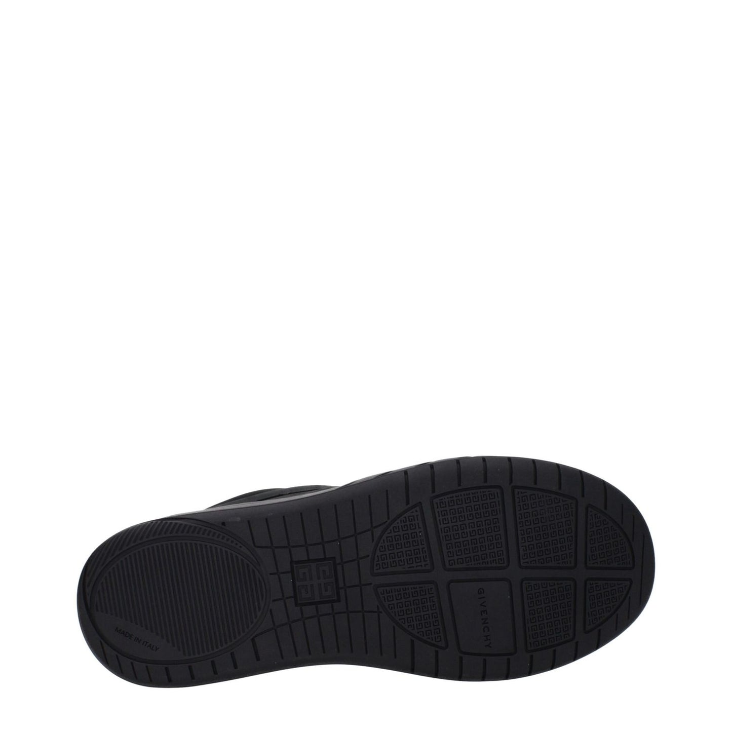 Sole view of Givenchy Black Fabric Low Top Sneakers with rubber sole and designer logos.