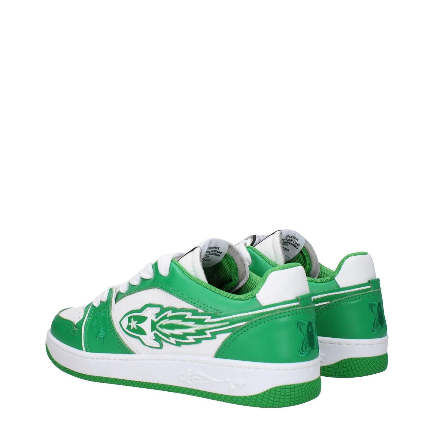 Enterprise Japan Green Leather Low Top Sneakers with logo, casual style, lace-up closure, and rubber sole, featuring round toe design.