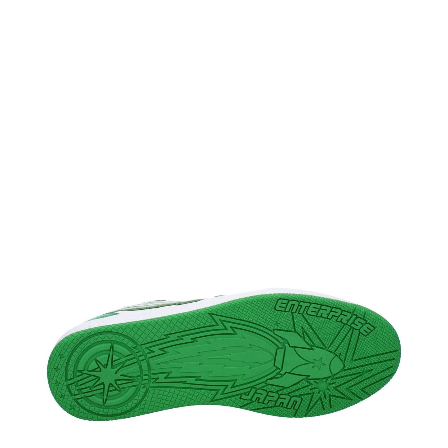 Sole view of Enterprise Japan Green Leather Low Top Sneakers with logo and design, showcasing green rubber sole and white accents.