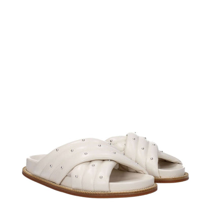 Fabiana Filippi Beige Leather Slippers with studs, open toe, low flat heel, and rubber sole in ivory color.