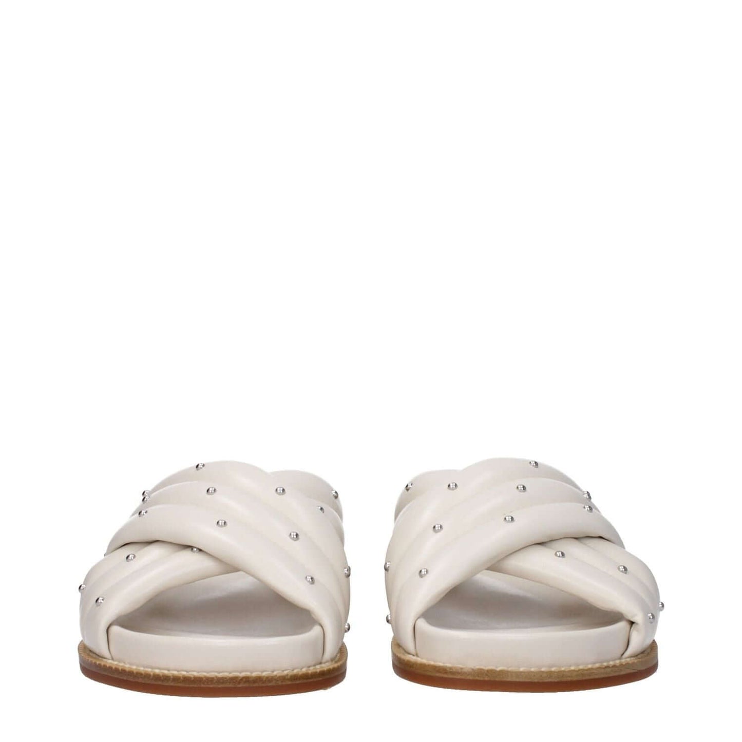 Fabiana Filippi Beige Leather Slippers with studs, open toe and rubber sole, casual style, MPN ASD274A930H137, ivory secondary color.