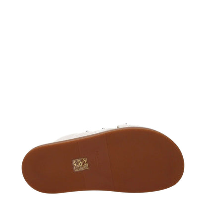 Fabiana Filippi Beige Leather Slippers with rubber sole, featuring open toe, studs, and flat heel, shown from the bottom view.
