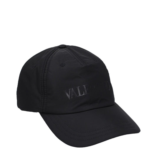 Valentino Garavani Black Polyamide Cap (Baseball Hat) with front logo and buckle closure, made of 100% polyamide material.