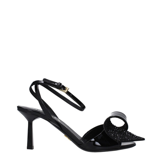 Prada Black Leather Stiletto Heel Sandals with buckle closure and open toe design, featuring a 7.5 cm mid heel and side details.