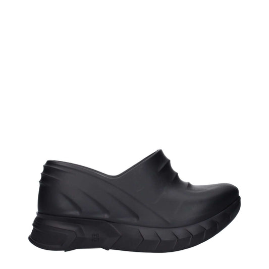 Givenchy Black Cotton Slippers with wedge heel and logos on side and back, featuring rubber sole, round toe, casual style.