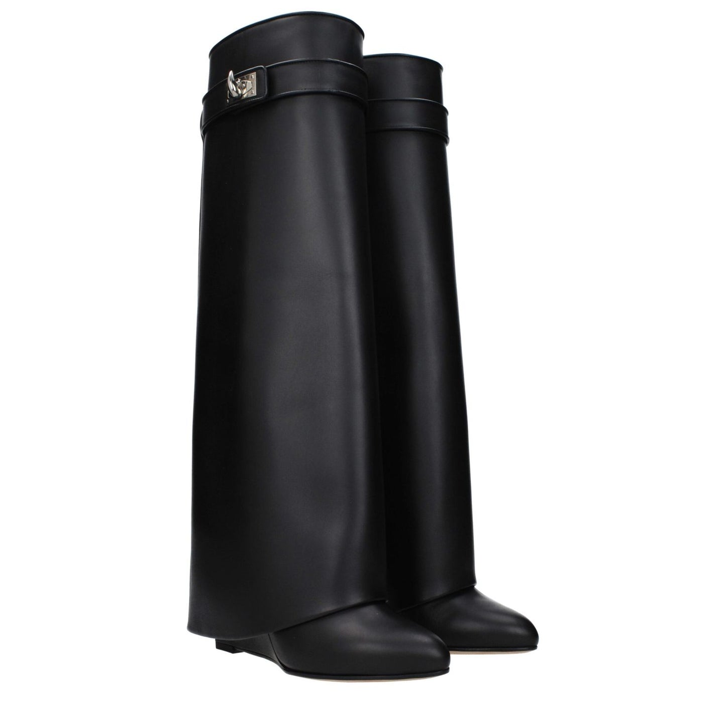 Givenchy Black Leather Boots with side logo, pointy toe, and wedge heel. Casual style boots with leather sole and turn lock closure.