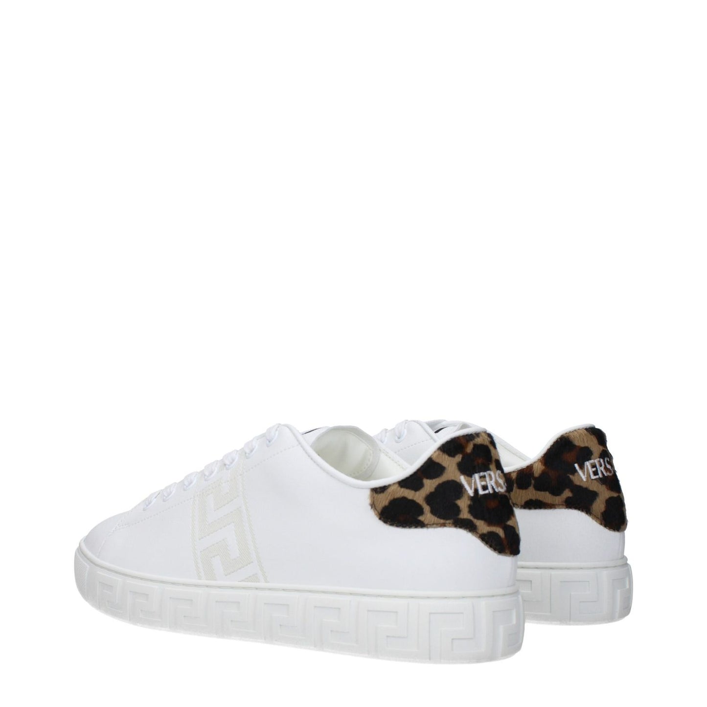 Versace White Leather Low Top Sneakers with animal print detail and logo, featuring lace-up closure, rubber sole, and round toe.